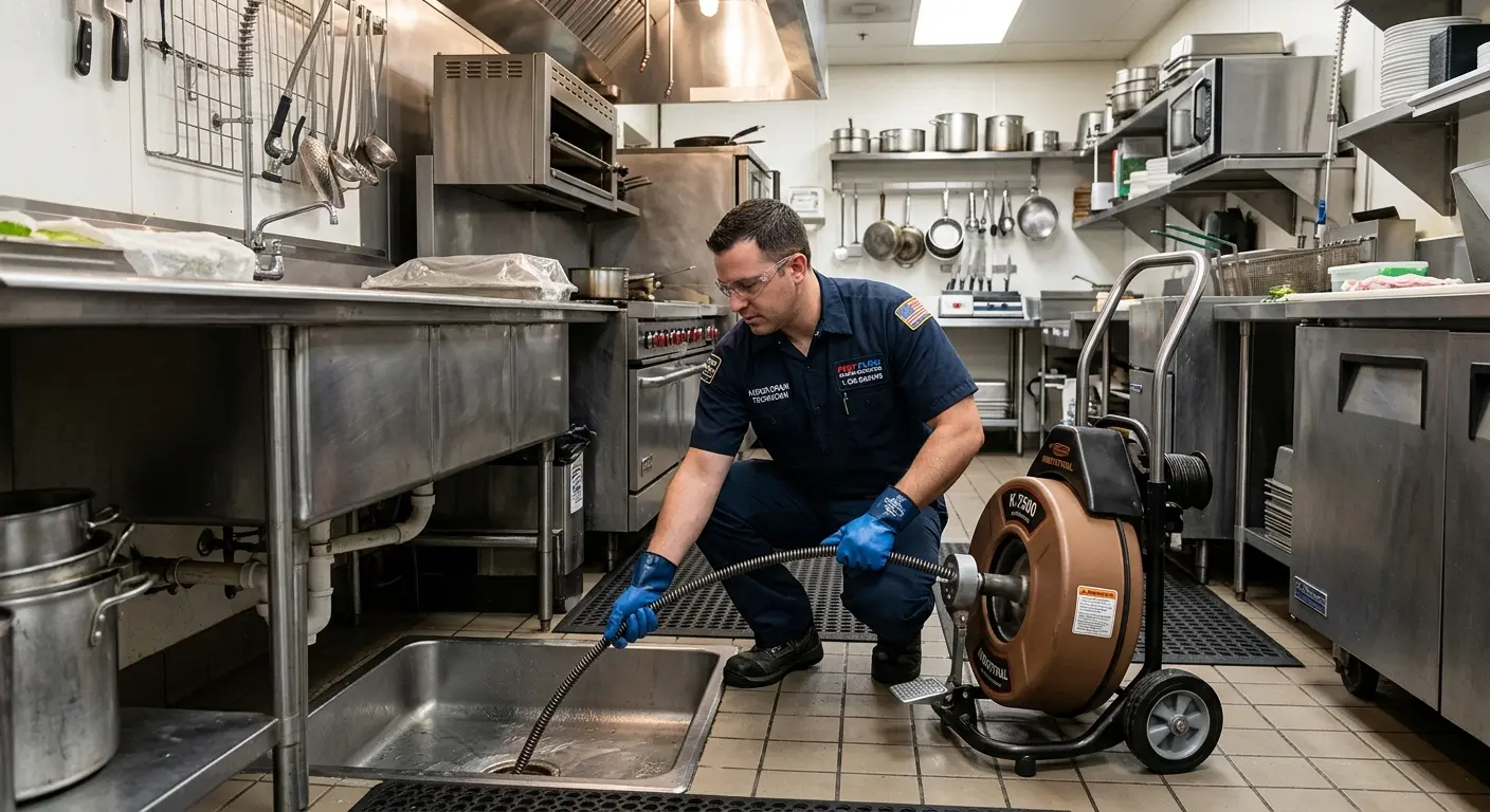Commercial drain cleaning service in a restaurant kitchen in Ridgewood village