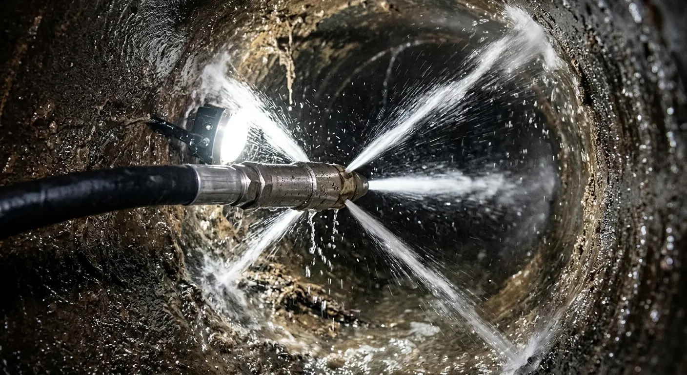 High-pressure hydro jetting nozzle cleaning sewer pipe for Trenchless Sewer Repair in Ridgewood village