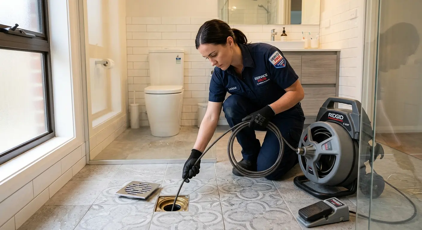 Technician clearing a bathroom floor drain for Clogged Drain Repair in Ridgewood village